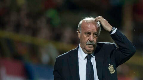 Vicente del Bosque, pensativo en un partido con la selecci&oacute;n espa&ntilde;ola de f&uacute;tbol