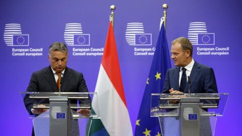 El presidente del Consejo Europeo, Donald Tusk y el primer ministro h&uacute;ngaro, Viktor Orban