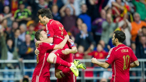 La selecci&oacute;n espa&ntilde;ola de f&uacute;tbol celebra el gol de Jordi Alba