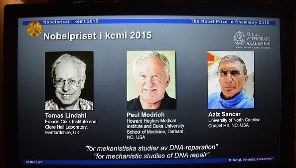 Las fotos de los tres ganadores del Nobel de Química 2015, Aziz Sancar, Paul Modrich y Tomas Lindahl