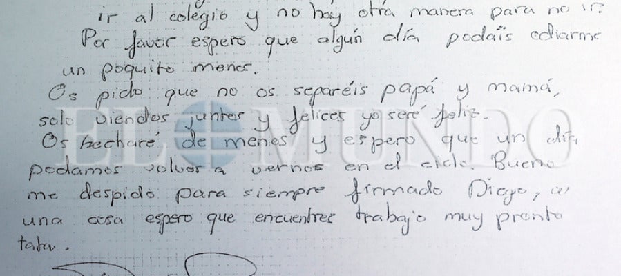 Carta que el niño de 11 años Diego González dejó a sus padres antes de suicidarse Carta que el niño de 11 años Diego González dejó a sus padres antes de suicidarse