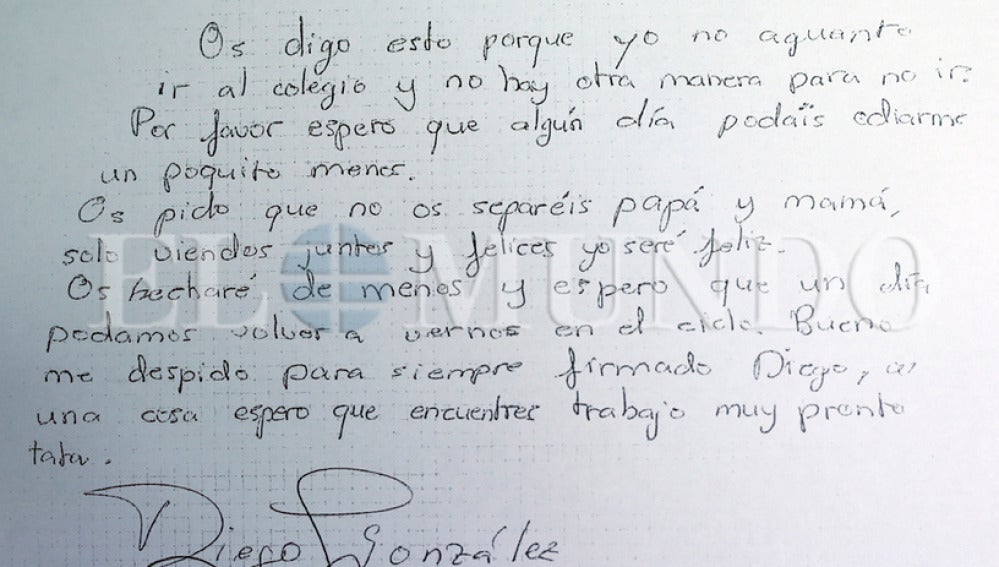Carta que el niño de 11 años Diego González dejó a sus padres antes de suicidarse