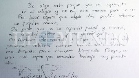 Carta que el ni&ntilde;o de 11 a&ntilde;os Diego Gonz&aacute;lez dej&oacute; a sus padres antes de suicidarse
