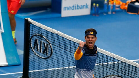 Milos Raonic celebra un punto conseguido ante Wawrinka