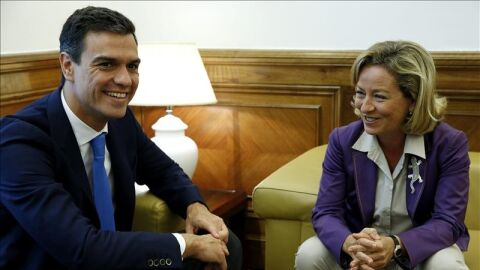 El secretario general del PSOE, Pedro S&aacute;nchez, conversa con la diputada de Coalici&oacute;n Canaria Ana Oramas. 