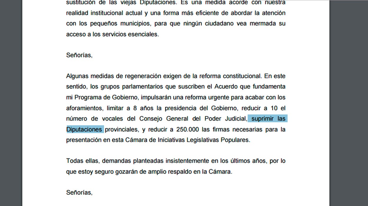 Sánchez elude referirse a la supresión de las diputaciones en su intervención Sánchez elude referirse a la supresión de las diputaciones en su intervención