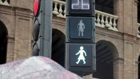 Silueta de una mujer con falda en los sem&aacute;foros instalados en Valencia