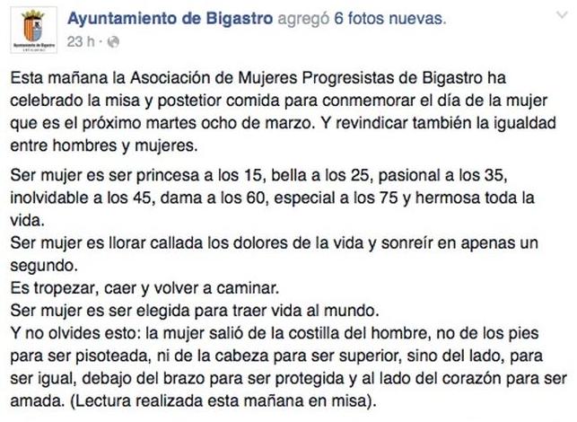 Un ayuntamiento de Alicante "celebra" el Día de la Mujer con un texto sobre la mujer "que salió de la costilla del hombre" Un ayuntamiento de Alicante "celebra" el Día de la Mujer con un texto sobre la mujer "que salió de la costilla del hombre"