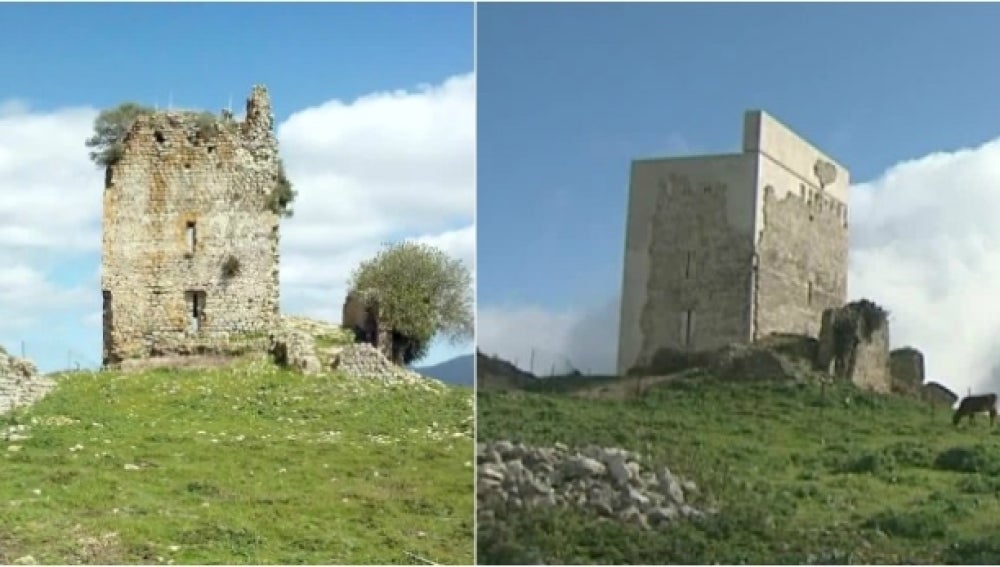 Imagen del antes y el después del castillo de Matrera