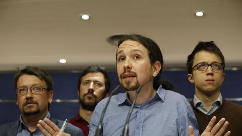 El l&iacute;der de Podemos, Pablo Iglesias, en rueda de prensa
