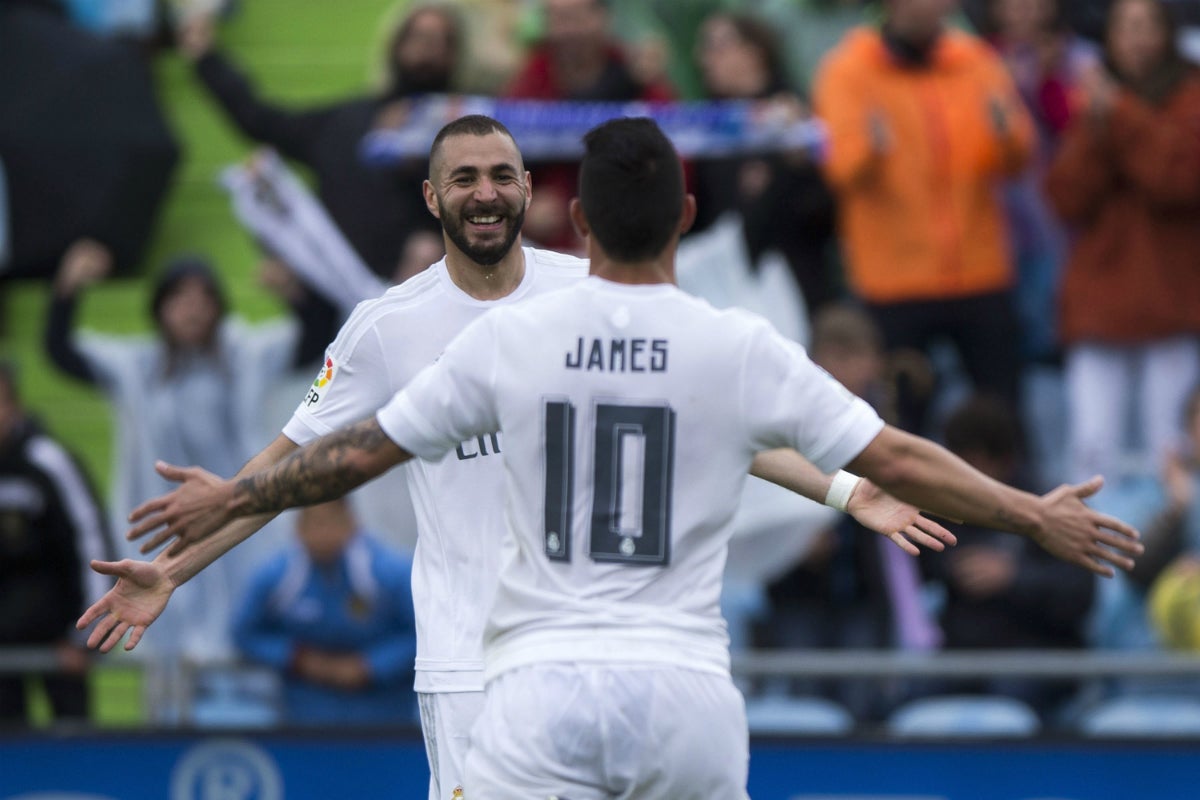 Benzema y James lanzan al Real Madrid hacia la caza del Barcelona Benzema y James lanzan al Real Madrid hacia la caza del Barcelona