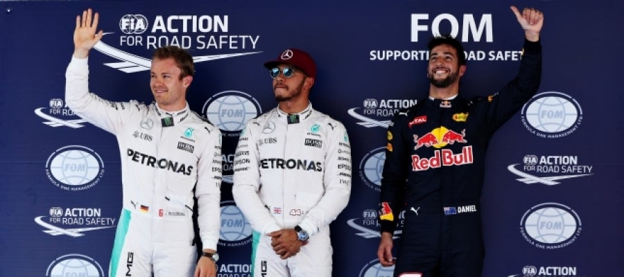 Hamilton, Rosberg y Ricciardo tras la clasificación del GP de España | Foto: Getty Images Hamilton, Rosberg y Ricciardo tras la clasificación del GP de España | Foto: Getty Images