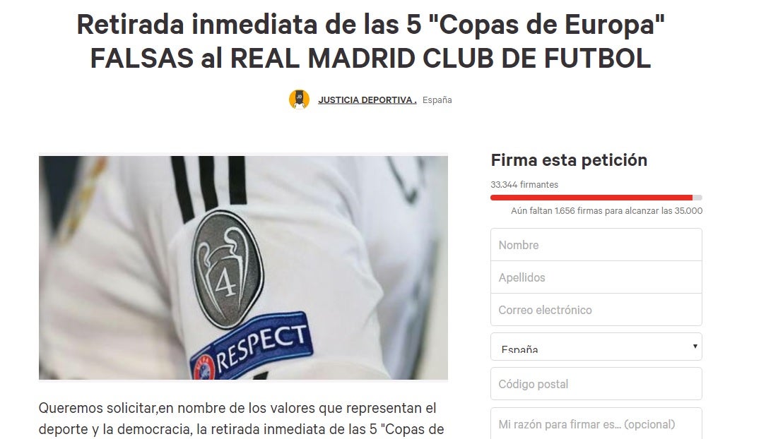 Una iniciativa en change.org solicita retirar al Real Madrid sus primeras cinco Copas de Europa Una iniciativa en change.org solicita retirar al Real Madrid sus primeras cinco Copas de Europa