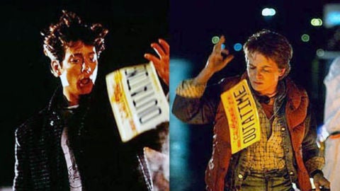 Eric Stoltz y Michael J Fox en el rodaje de Regreso al futuro