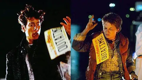 Eric Stoltz y Michael J Fox en el rodaje de Regreso al futuro Eric Stoltz y Michael J Fox en el rodaje de Regreso al futuro