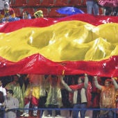 Bandera de España, en un campo de fútbol