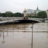 Vista general de lámparas parcialmente sumergidas junto al puente Alexandre III en el río Sena en París