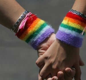 Una pareja gay pasea de la mano Una pareja gay pasea de la mano