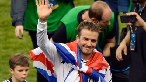 David Beckham, en su etapa en los Galaxy, con la bandera de Gran Breta&ntilde;a