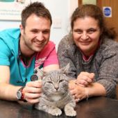 Bobby junto a su dueña y un veterinario.