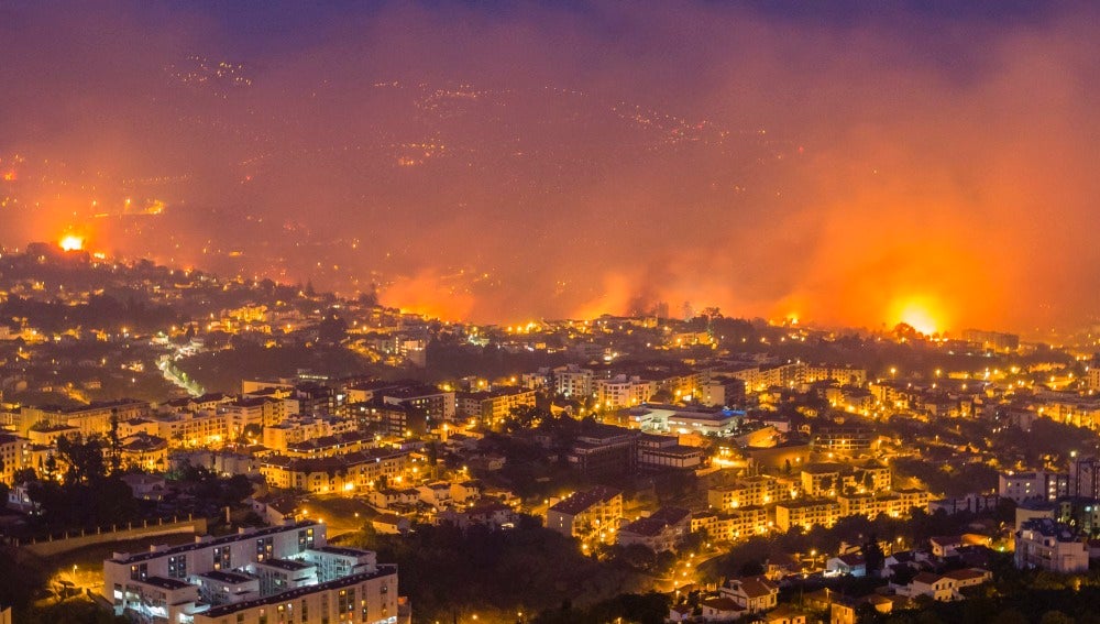 Vista general de un incendio forestal en Funchal, Isla Madeira, Portugal