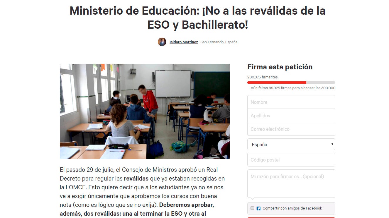 Un alumno de 14 años consigue reunir 200.000 firmas contra las reválidas Un alumno de 14 años consigue reunir 200.000 firmas contra las reválidas