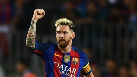 Leo Messi celebra un gol con el Bar&ccedil;a