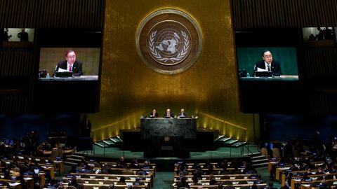 El secretario general de las Naciones Unidas, Ban Ki-moon, durante la Cumbre sobre refugiados de la ONU
