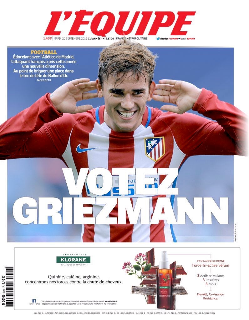 Griezmann se hace eco de la campaña del diario L'Equipe para que gane el Balón de oro Griezmann se hace eco de la campaña del diario L'Equipe para que gane el Balón de oro