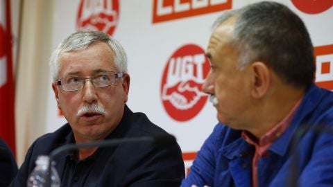 Los secretarios generales de UGT, Pepe &Aacute;lvarez y de CCOO, Ignacio Fern&aacute;ndez Toxo