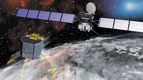 Imagen facilitada por la Agencia Espacial Europea que muestra una animaci&oacute;n por ordenador que muestra la sonda Rosetta durante su aproximaci&oacute;n al cometa 67P para su aterrizaje. 