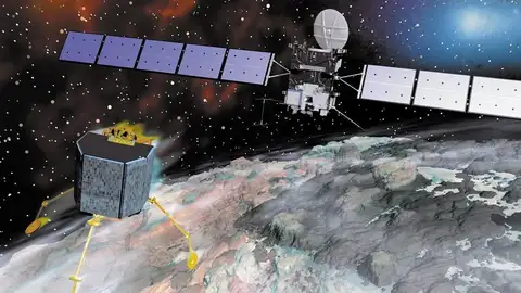 Imagen facilitada por la Agencia Espacial Europea que muestra una animación por ordenador que muestra la sonda Rosetta durante su aproximación al cometa 67P para su aterrizaje. Imagen facilitada por la Agencia Espacial Europea que muestra una animación por ordenador que muestra la sonda Rosetta durante su aproximación al cometa 67P para su aterrizaje.