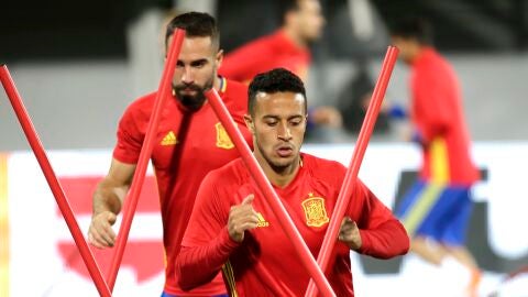 Thiago, durante el &uacute;ltimo entrenamiento de Espa&ntilde;a