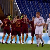 Los jugadores de la Roma, celebrando el gol de Dzeko ante el Palermo