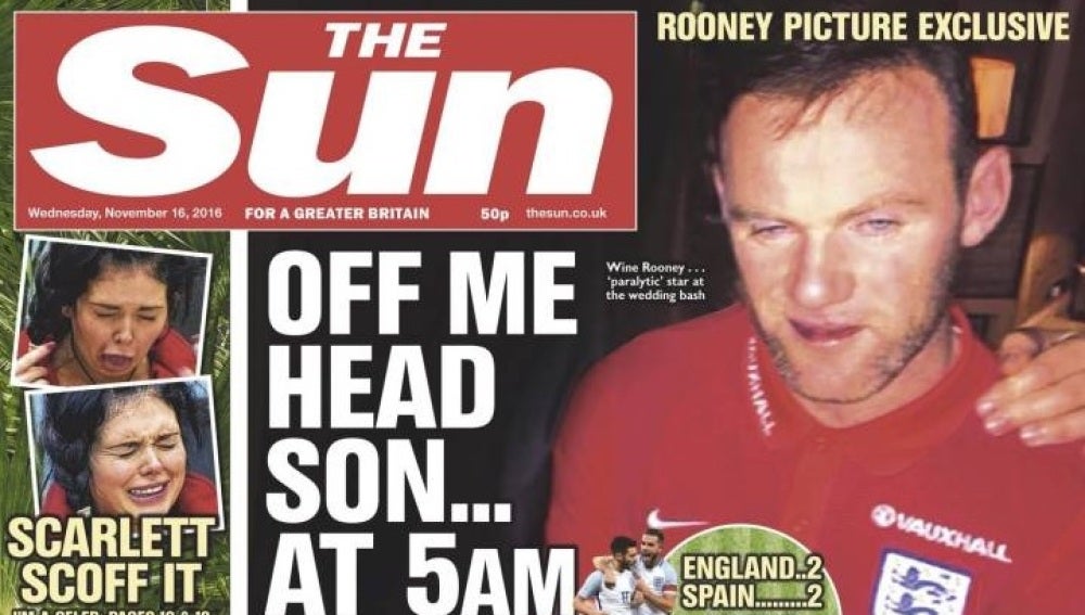 La imagen de Wayne Rooney borracho en la portada de 'The Sun'