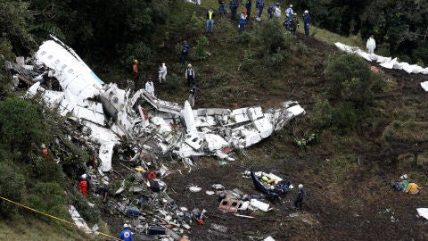 Restos del fuselaje del avi&oacute;n de Lamia en el lugar del accidente