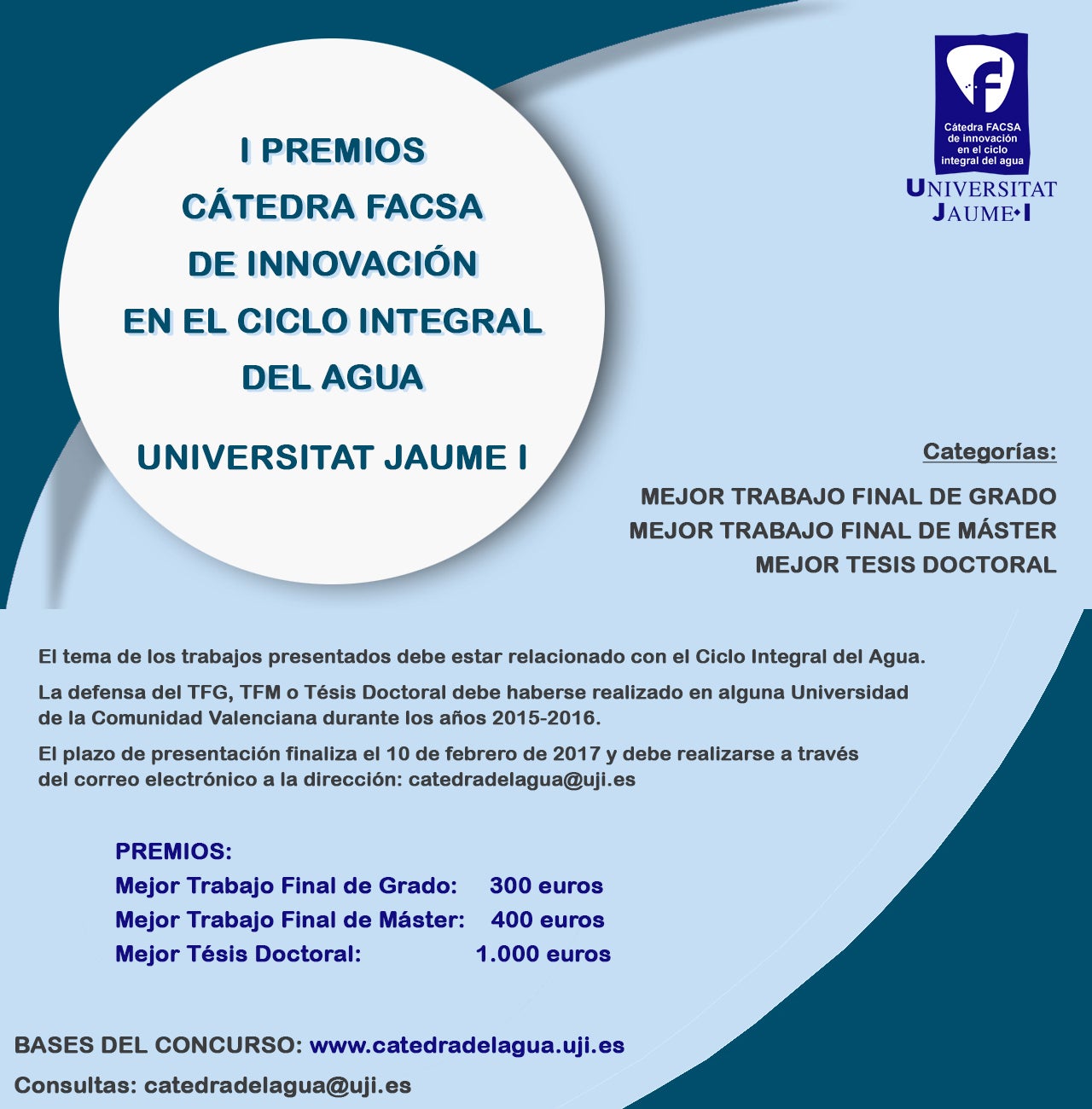 La cátedra FACSA de Innovación del Ciclo Integral del Agua premiará los mejores trabajos de Grado, Máster y Tesis Doctorales La cátedra FACSA de Innovación del Ciclo Integral del Agua premiará los mejores trabajos de Grado, Máster y Tesis Doctorales