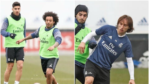 Marcelo y Modric, entrenando con el resto de sus compa&ntilde;eros