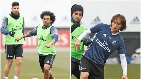 Marcelo y Modric, entrenando con el resto de sus compañeros Marcelo y Modric, entrenando con el resto de sus compañeros