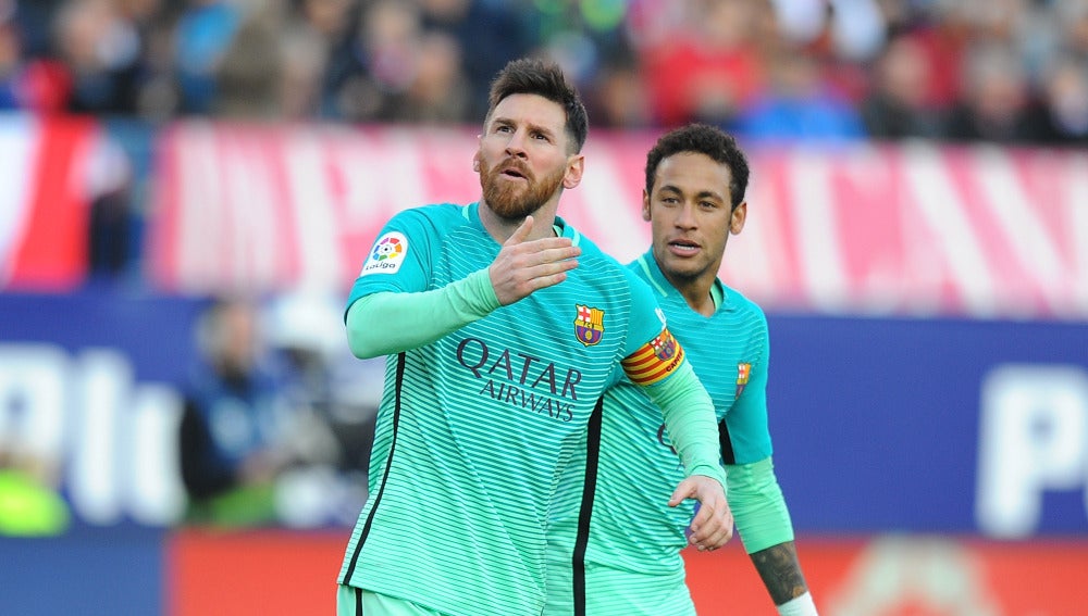 Leo Messi celebra su gol contra el Atlético de Madrid