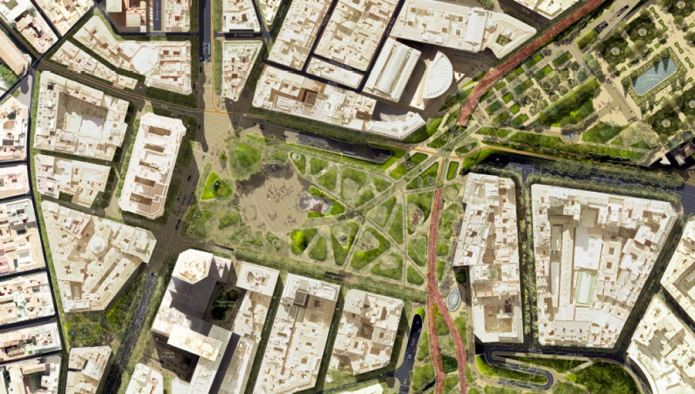 Vista aérea del 'Proyecto X', el ganador de la remodelación de la Plaza de España (Madrid)