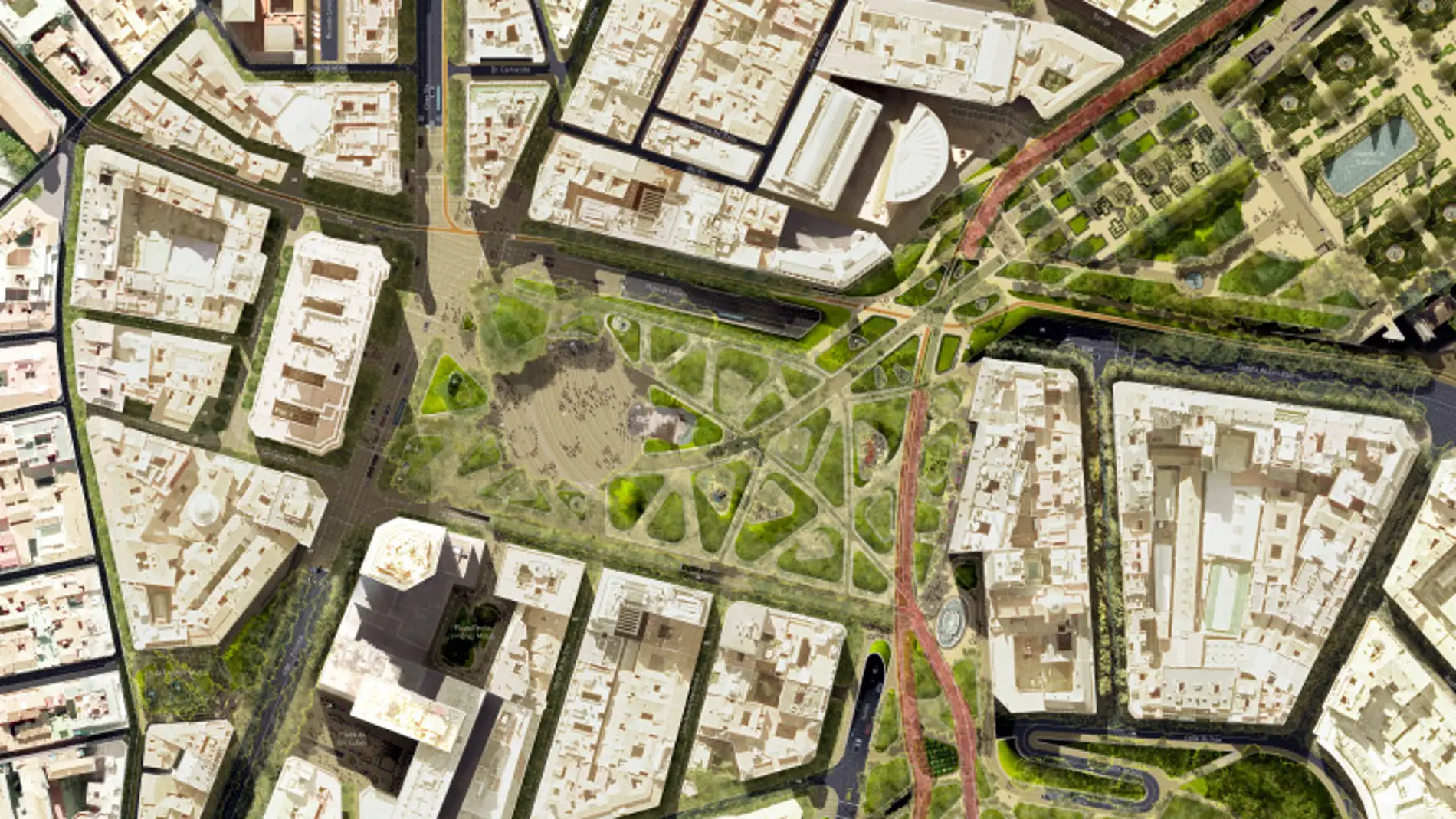 Vista aérea del 'Proyecto X', el ganador de la remodelación de la Plaza de España (Madrid)