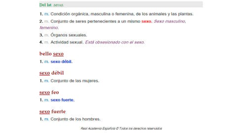 Definiciones y usos de la palabra "sexo" en la RAE