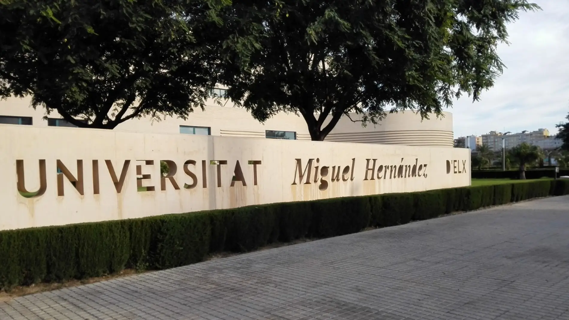 Acceso a la Universidad Miguel Hernández de Elche junto al edificio Rectorado y Consejo Social.