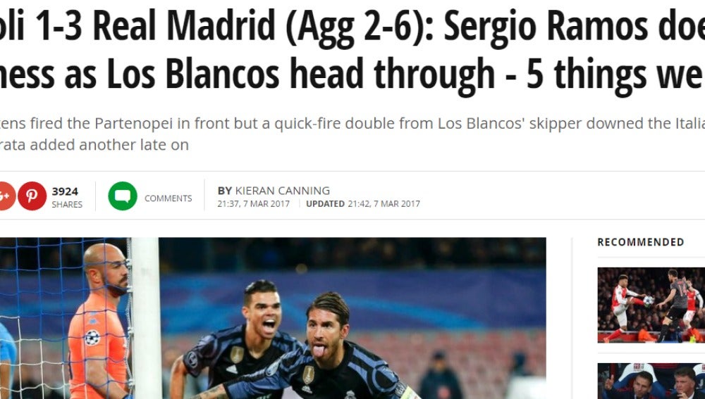 Portada del 'Mirror' tras la victoria del Madrid en Nápoles