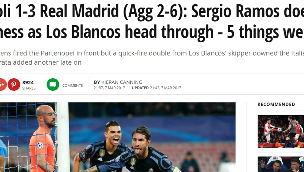 Portada del 'Mirror' tras la victoria del Madrid en Nápoles Portada del 'Mirror' tras la victoria del Madrid en Nápoles