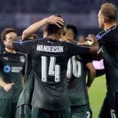 Los jugadores del Krasnodar celebran el gol logrado en Balaídos