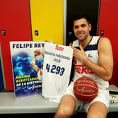 Felipe Reyes, con su camiseta conmemorativa de máximo reboteador en la ACB Felipe Reyes, con su camiseta conmemorativa de máximo reboteador en la ACB
