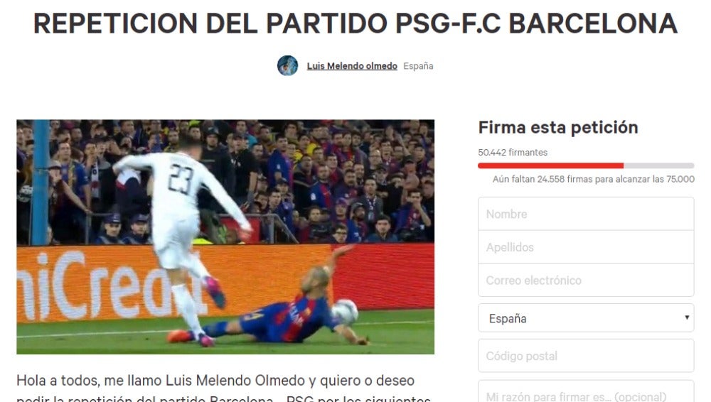 La petición de 'Change.org' para que se repita el Barcelona - PSG