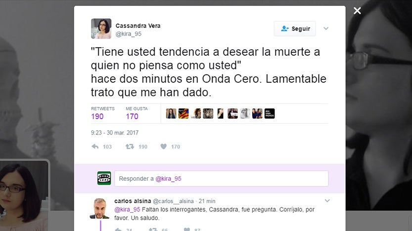 Cassandra Vera se queja del trato recibido durante su entrevista con Carlos Alsina, pero se olvida un detalle importante Cassandra Vera se queja del trato recibido durante su entrevista con Carlos Alsina, pero se olvida un detalle importante